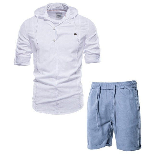 Men's 100% Cotton Linen Men's Sets Casual T Shirts+shorts Two Piece Outfits