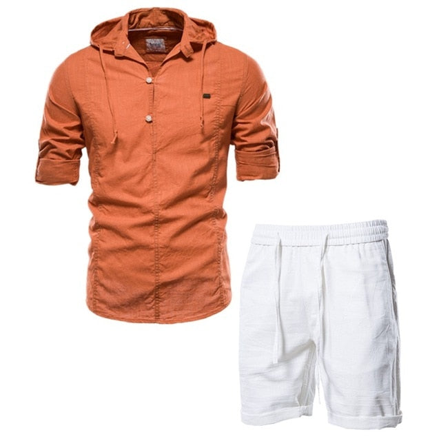 Men's 100% Cotton Linen Men's Sets Casual T Shirts+shorts Two Piece Outfits