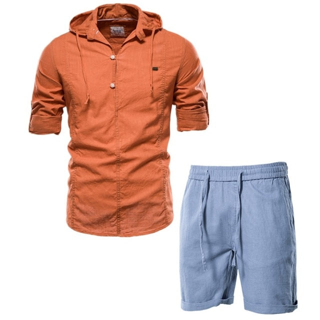 Men's 100% Cotton Linen Men's Sets Casual T Shirts+shorts Two Piece Outfits