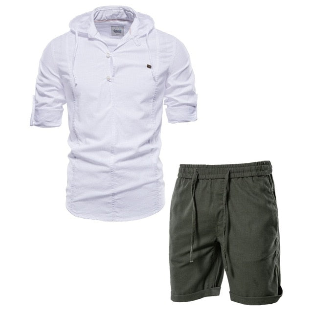 Men's 100% Cotton Linen Men's Sets Casual T Shirts+shorts Two Piece Outfits