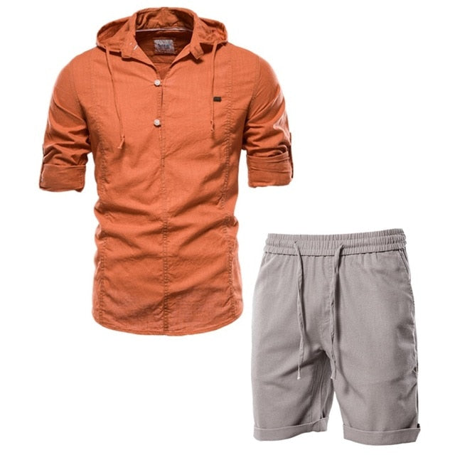 Men's 100% Cotton Linen Men's Sets Casual T Shirts+shorts Two Piece Outfits