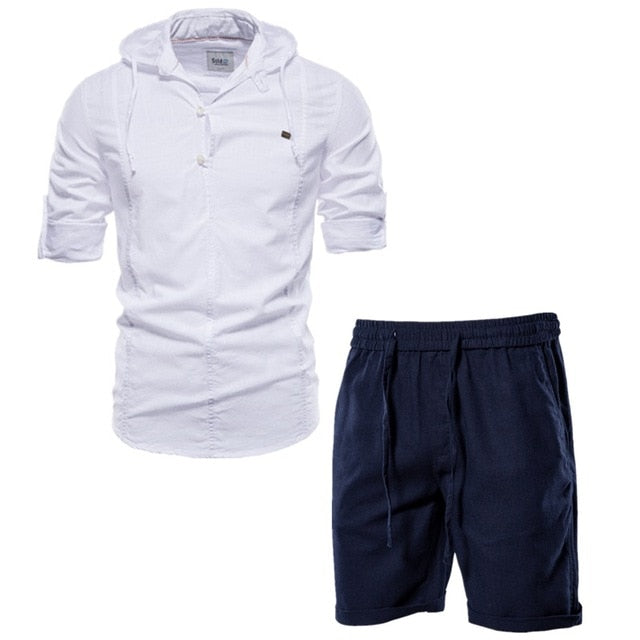 Men's 100% Cotton Linen Men's Sets Casual T Shirts+shorts Two Piece Outfits