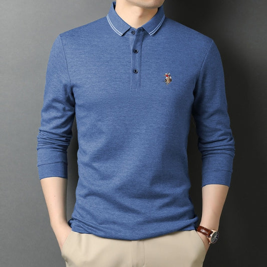 Men Cotton Solid Color Plain Casual Long Sleeve Top Quality Fashion Brand Polo Shirt