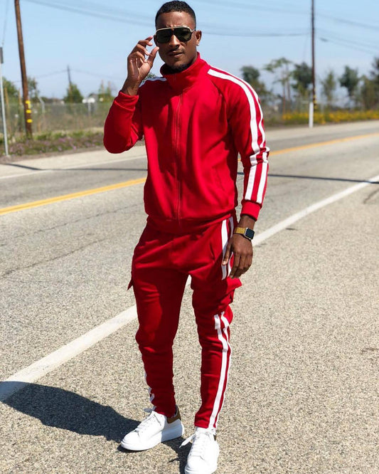 Men Casual Patchwork Contrast Color Sports Stand-Up Collar Sweater And Pants Two-Piece Suit