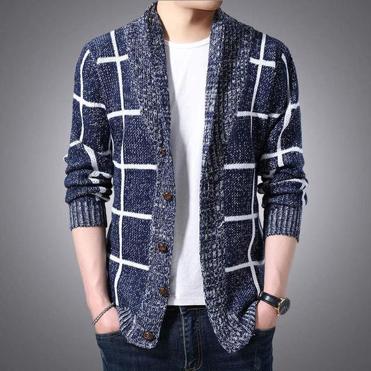 Thick Warm Winter Plaid Knitted Pull  Cardigan Knit Mens Sweaters