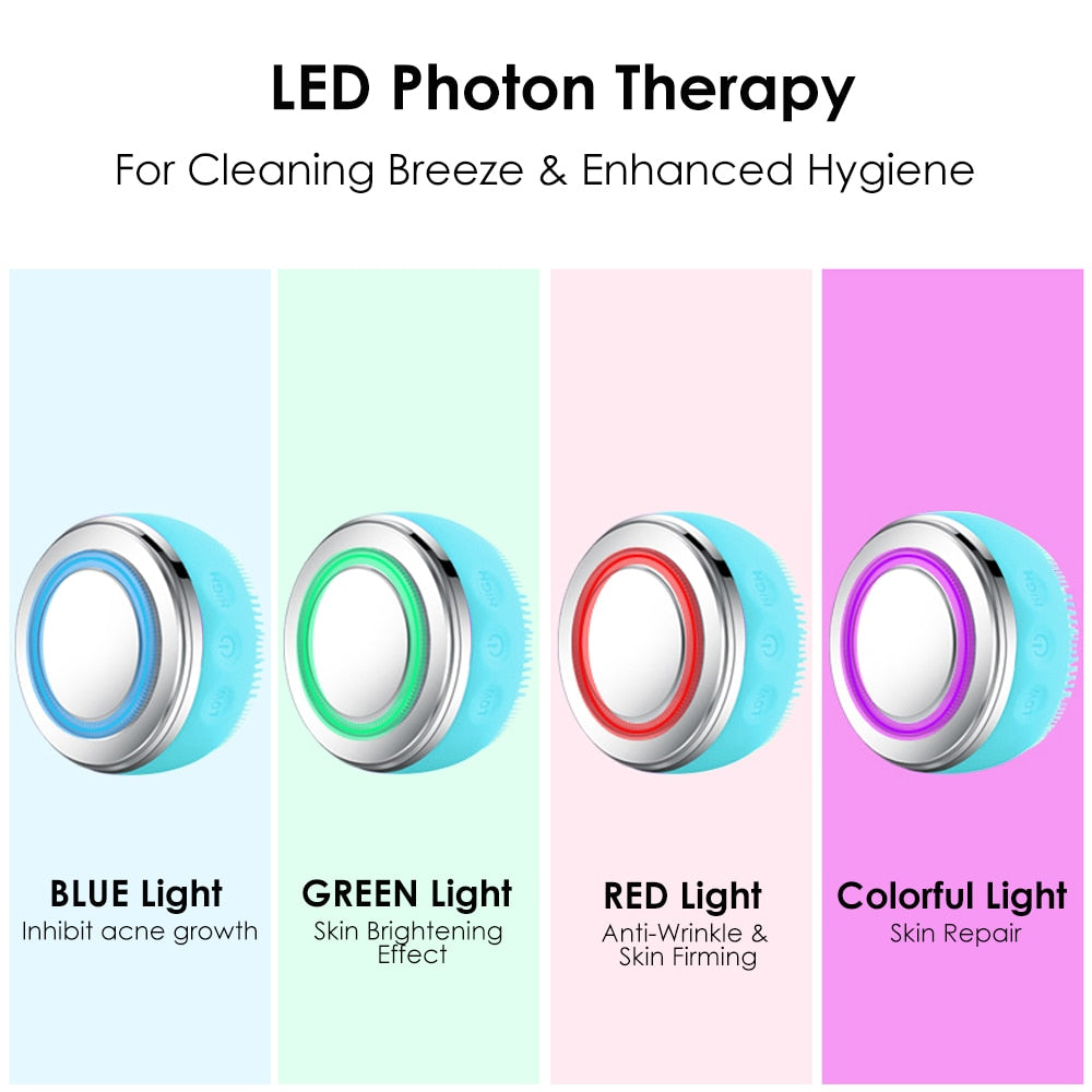 LED Light Therapy Silicone Heating Face Cleanser Massage Facial Cleaning Brush