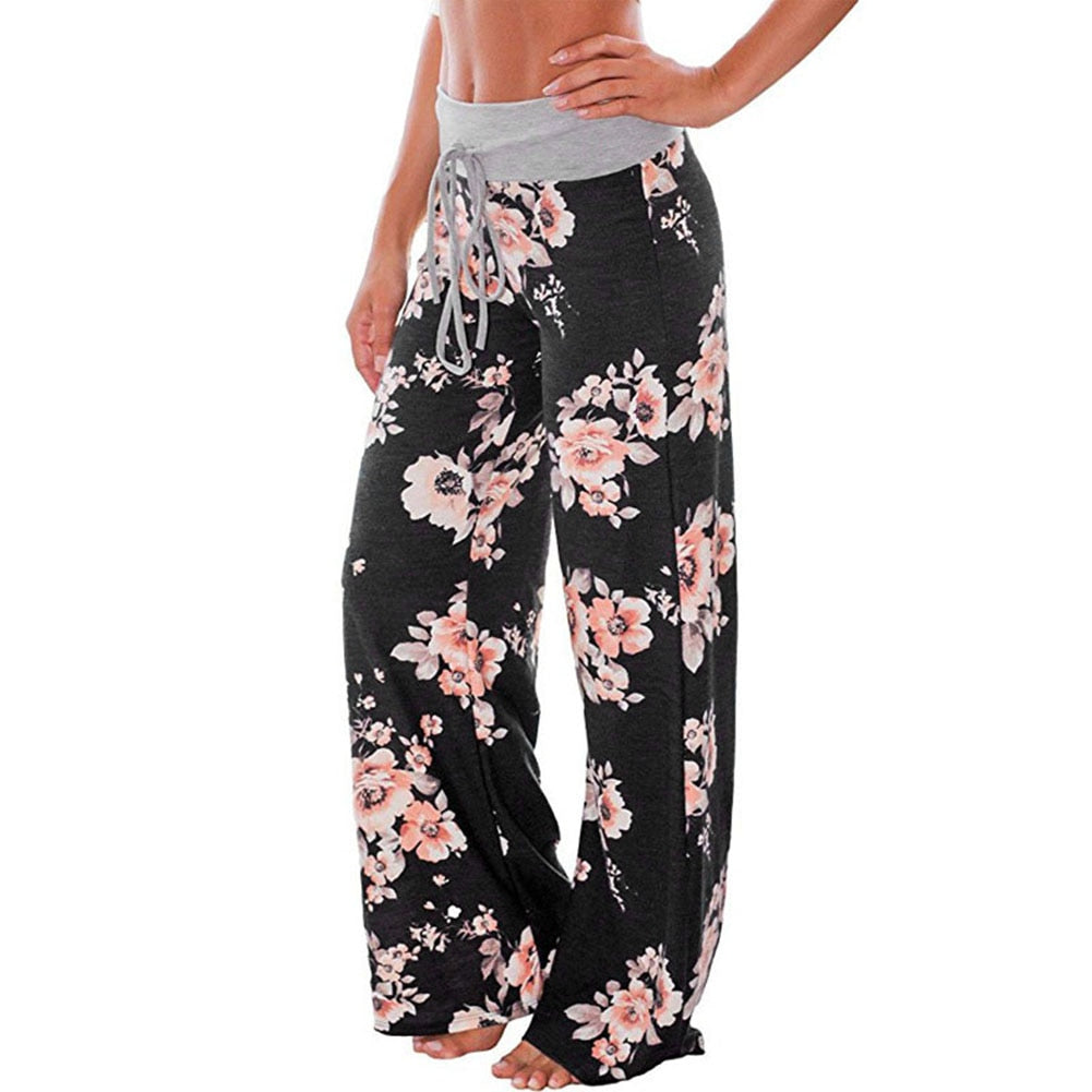 Loose Pants Lounge Trousers Floral Print Casual Stretch Waist Drawstring High Waist Long Pants