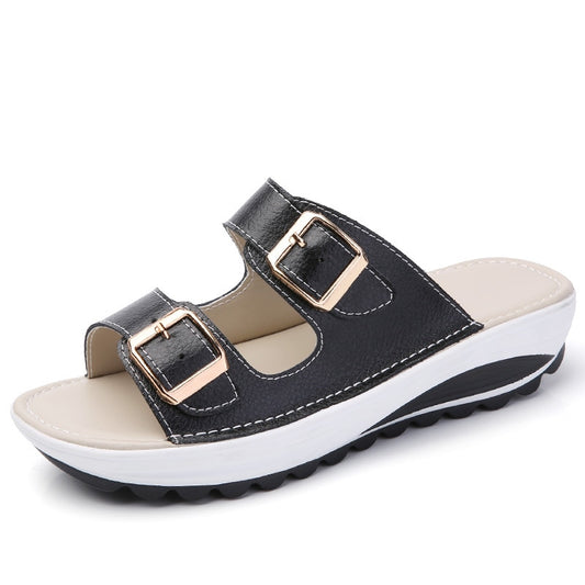 Women Slippers Buckle Real Leather Slides Shoes
