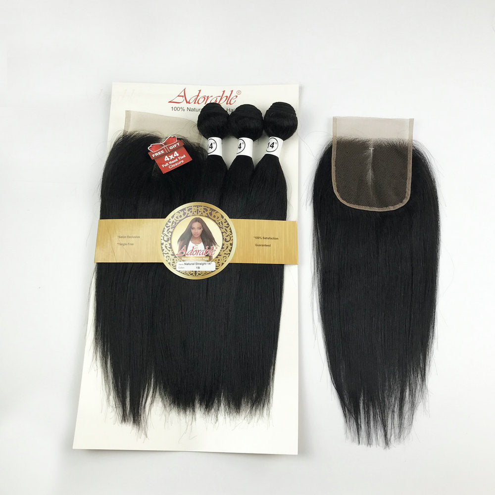 Natural 100% Human Hair Blend Bundles with 4*4 Lace Closure Silk Straight and Body Wave