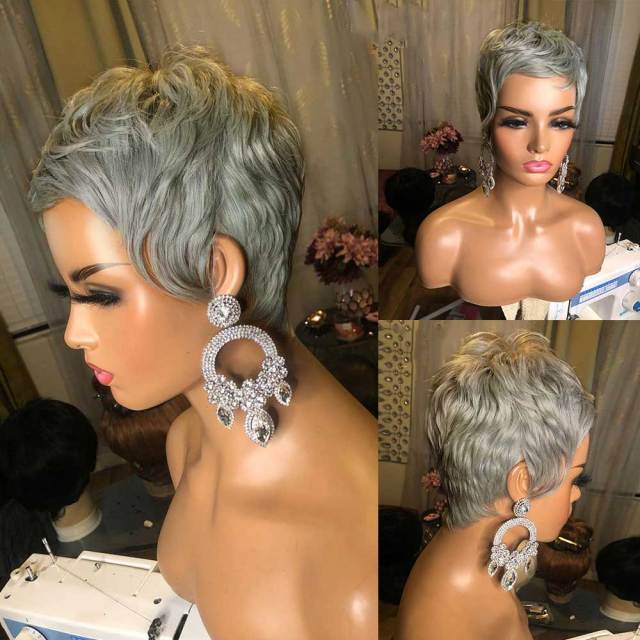 Pixie Short Cut Bob Wig 100% Human Hair Wigs  Full Machine No Lace Front Wigs