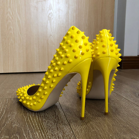 Yellow Full Spikes Women Pointy Toe  High Heels Party Shoes