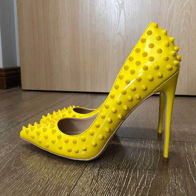 Yellow Full Spikes Women Pointy Toe  High Heels Party Shoes