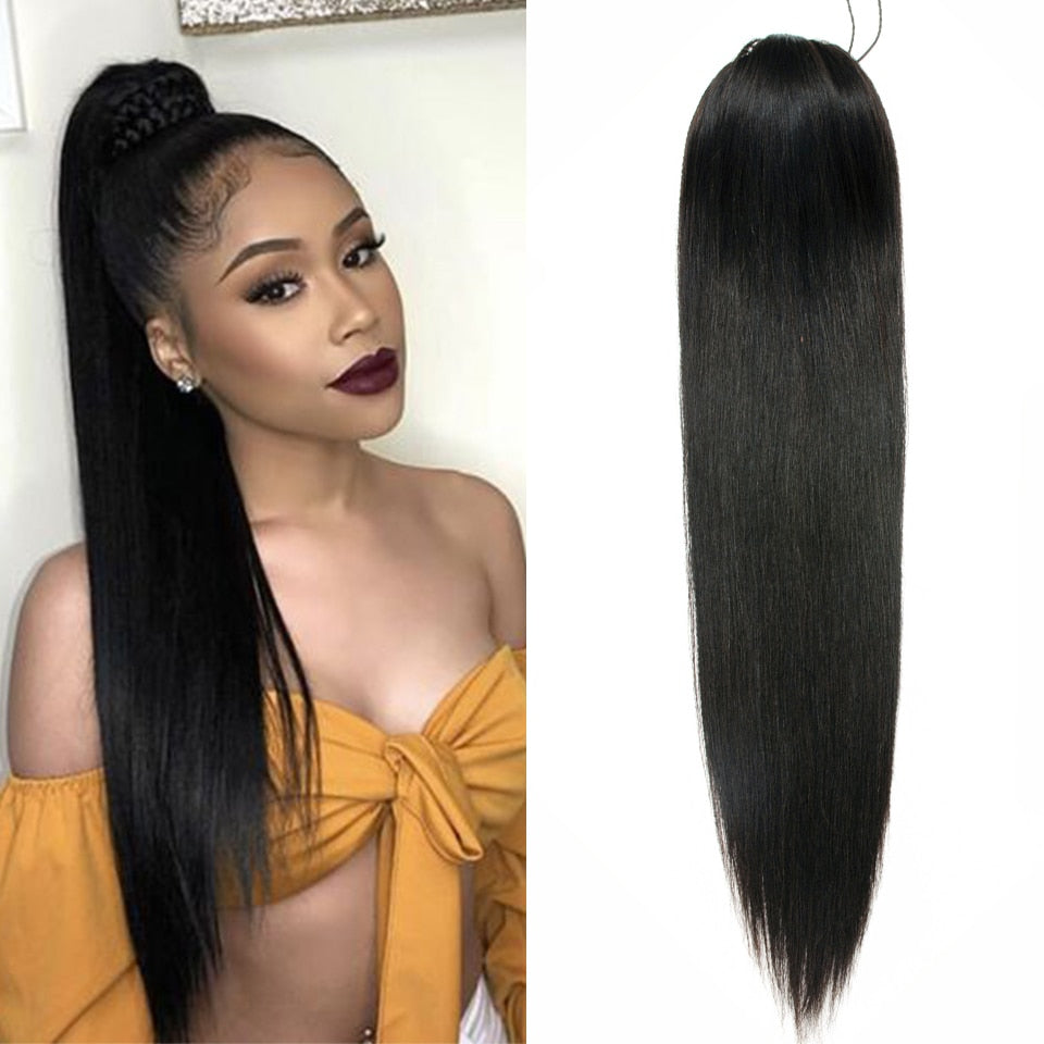 Straight Drawstring Ponytail Human Hair Brazilian Straight Ponytail Clip In Extensions 4 Combs Remy Hair