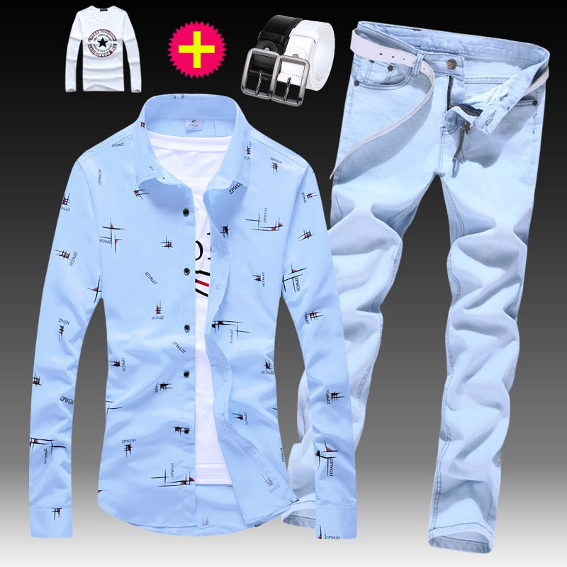 Long Sleeve Shirt Cotton Blends Jeans Pants 2pcs Set