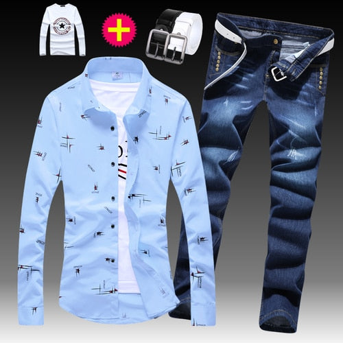 Long Sleeve Shirt Cotton Blends Jeans Pants 2pcs Set