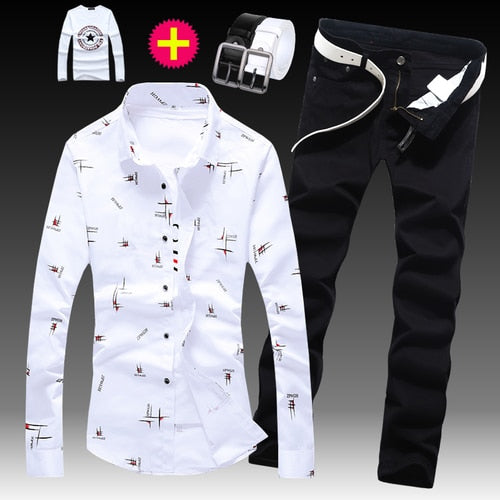 Long Sleeve Shirt Cotton Blends Jeans Pants 2pcs Set