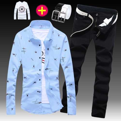 Long Sleeve Shirt Cotton Blends Jeans Pants 2pcs Set