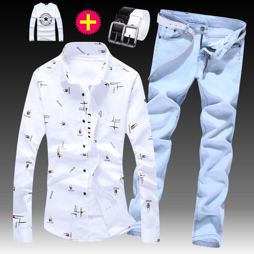 Long Sleeve Shirt Cotton Blends Jeans Pants 2pcs Set