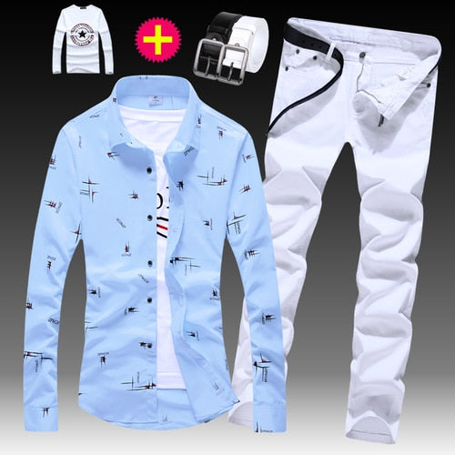 Long Sleeve Shirt Cotton Blends Jeans Pants 2pcs Set