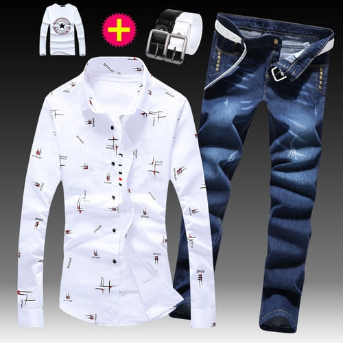 Long Sleeve Shirt Cotton Blends Jeans Pants 2pcs Set