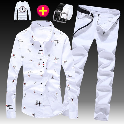 Long Sleeve Shirt Cotton Blends Jeans Pants 2pcs Set