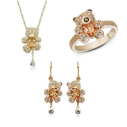 gold cute bear crystal jewelry sets