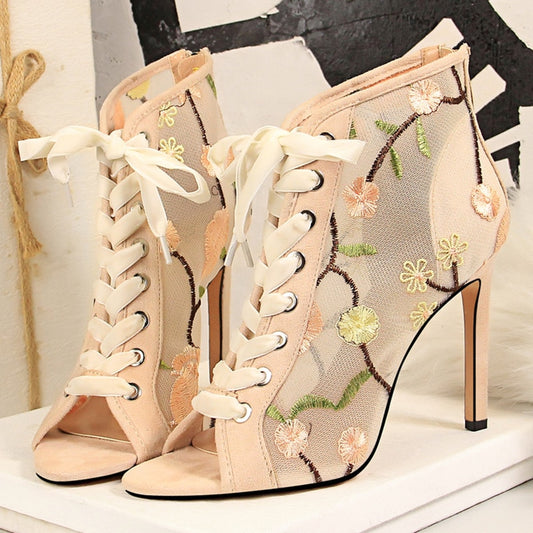 Women Designer 10.5cm Fetish High Heels Mesh Sandals Floral Lace Up Peep Toe Sandals