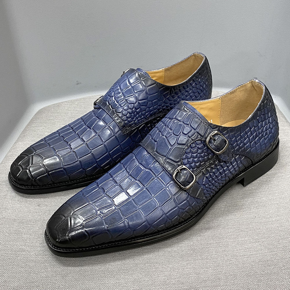 Mens Dress Shoes Real Cow Leather Crocodile Print Monk Strap Black Oxford Double Buckl Formal Shoes