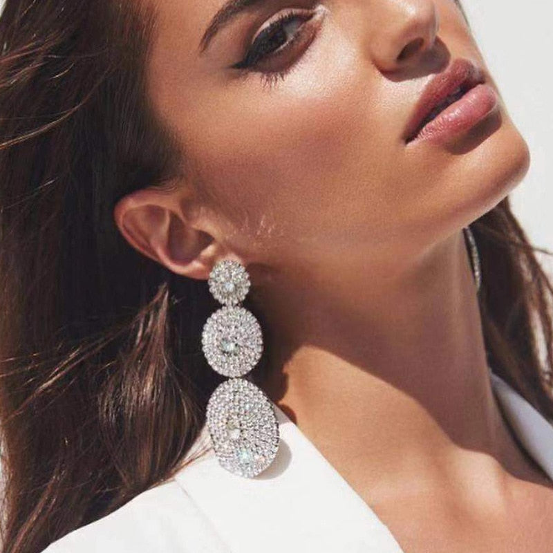 Multi-layer Round Drop Earrings Women Shiny Rhinestone Geometric Dangle Earrings