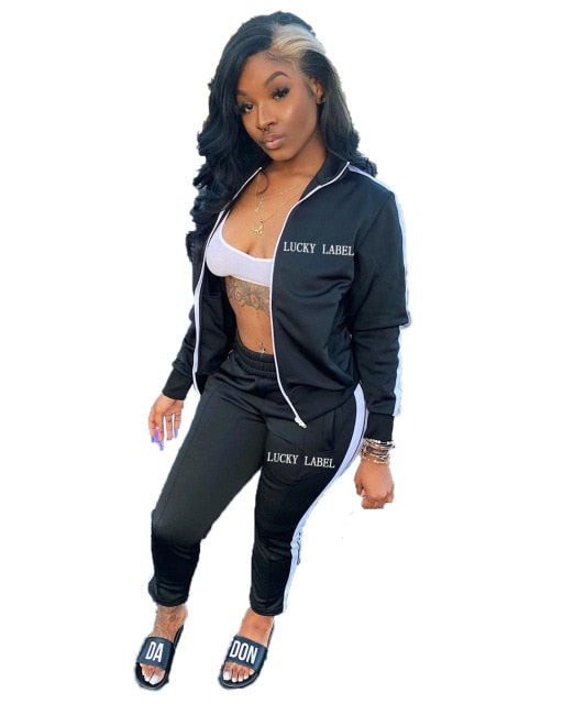 Two Piece Set Women Tracksuit Zip Jackets Sweatshirt Side Stripe Pants