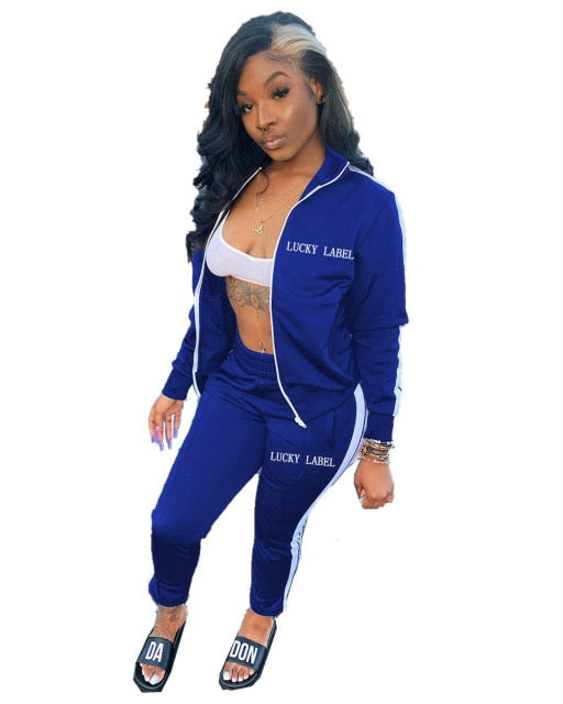 Two Piece Set Women Tracksuit Zip Jackets Sweatshirt Side Stripe Pants