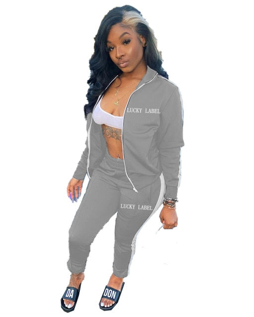 Two Piece Set Women Tracksuit Zip Jackets Sweatshirt Side Stripe Pants