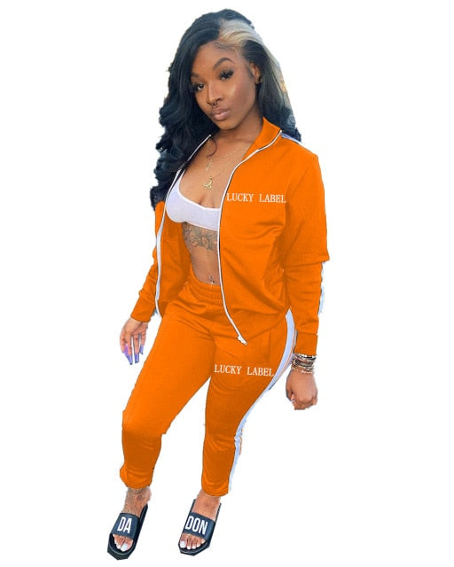 Two Piece Set Women Tracksuit Zip Jackets Sweatshirt Side Stripe Pants