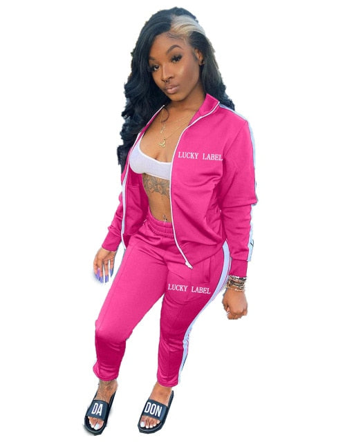 Two Piece Set Women Tracksuit Zip Jackets Sweatshirt Side Stripe Pants