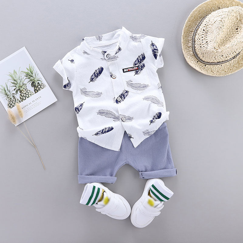 PatPat Leaf Print Short-sleeve Shirt and Pants Set