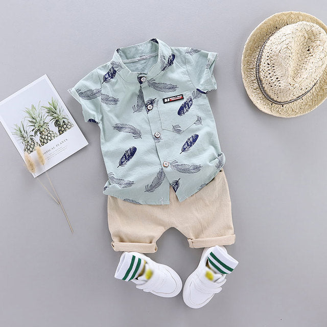 PatPat Leaf Print Short-sleeve Shirt and Pants Set