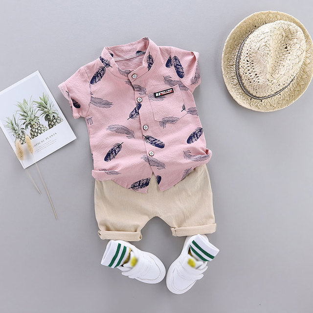 PatPat Leaf Print Short-sleeve Shirt and Pants Set