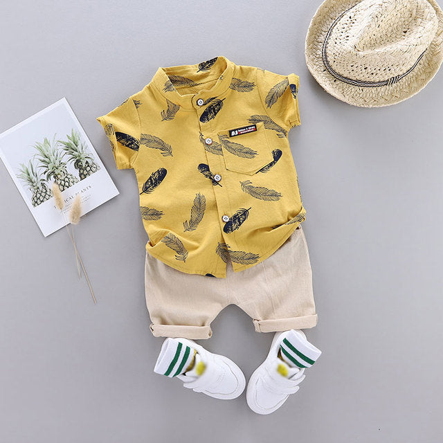 PatPat Leaf Print Short-sleeve Shirt and Pants Set