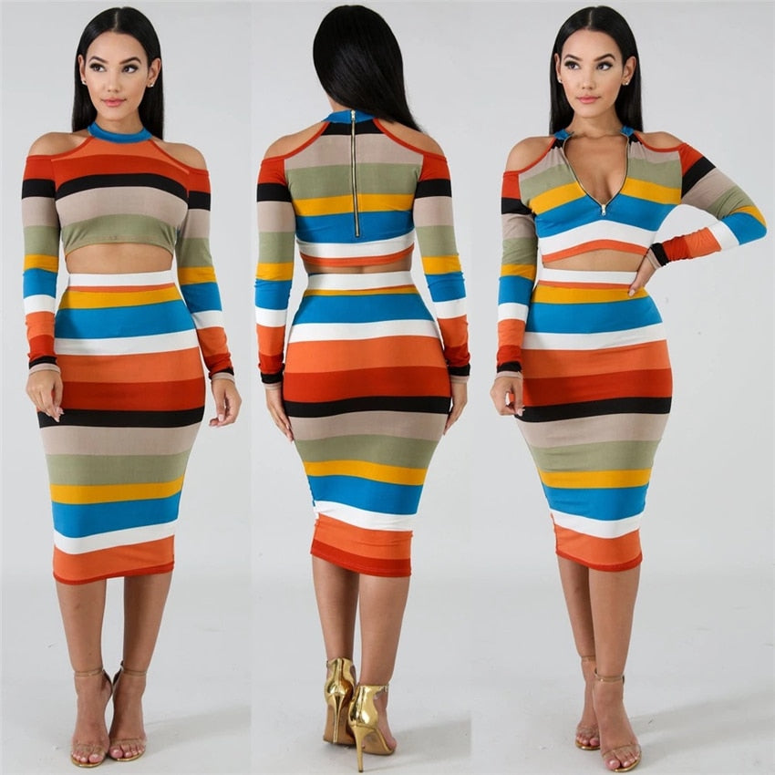 Two Piece Set Striped Tops Zipper Strapless