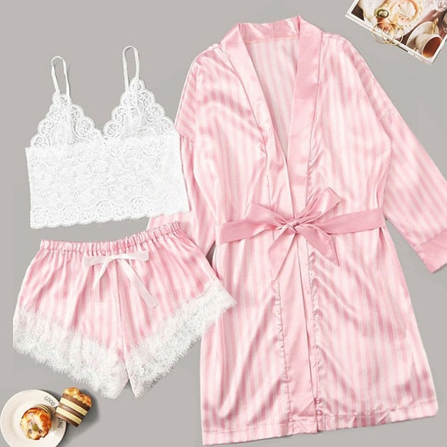 Sets Satin Sleepwear Pijama Silk Home Wear Clothing Sexy Lace Sleep Lounge