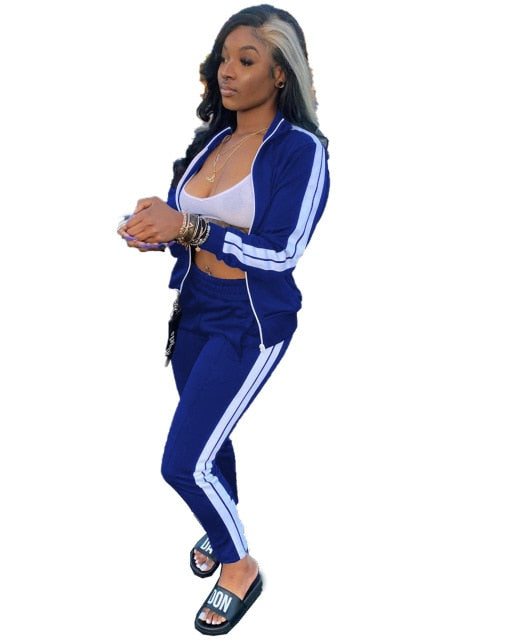 Two Piece Set Women Tracksuit Zip Jackets Sweatshirt Side Stripe Pants