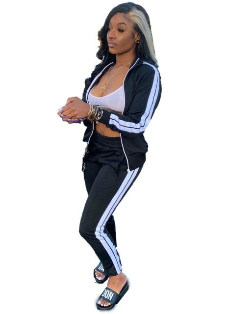 Two Piece Set Women Tracksuit Zip Jackets Sweatshirt Side Stripe Pants