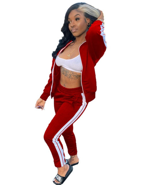 Two Piece Set Women Tracksuit Zip Jackets Sweatshirt Side Stripe Pants