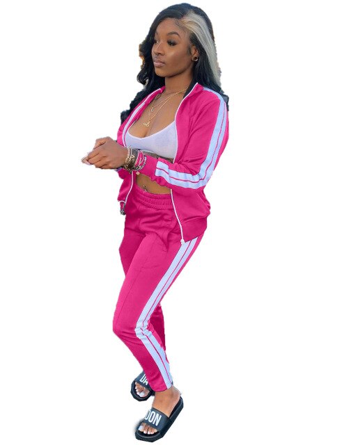 Two Piece Set Women Tracksuit Zip Jackets Sweatshirt Side Stripe Pants