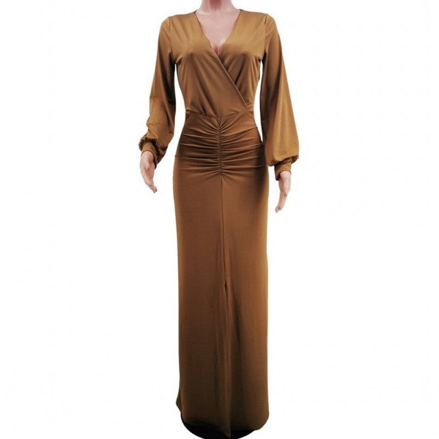 Women V Neck Lantern Sleeve Robes New Fashion Solid Color Slim Draped Dress