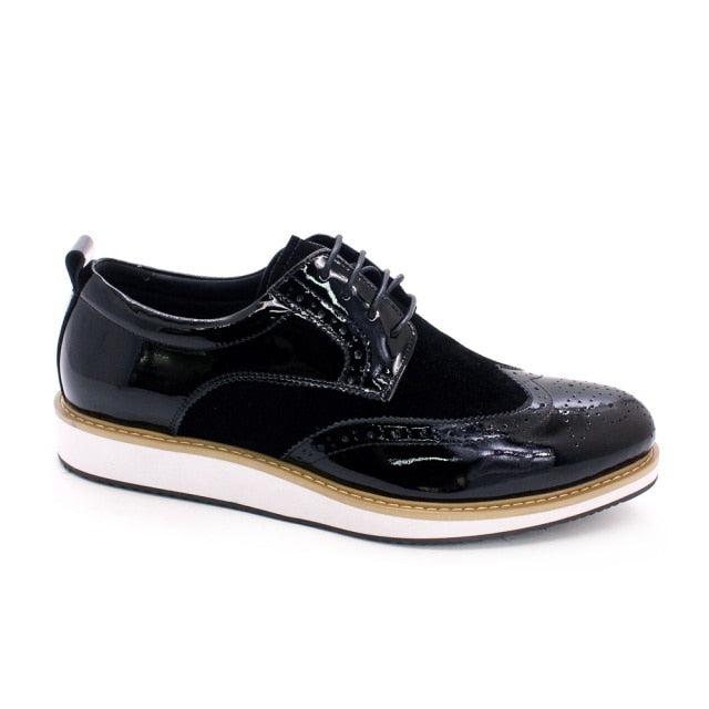 Mens Business Casual Shoes Patent Leather Suede Wingtip Brogue Oxfords Black Flat Shoes