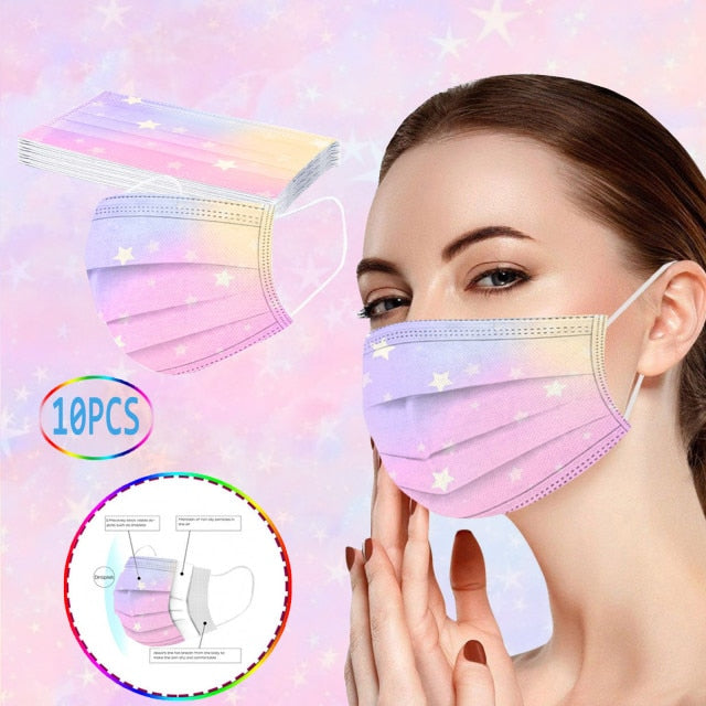 10pc Fashion Tie Dye Face Mask Disposable 3layer Protection Mouth Mask