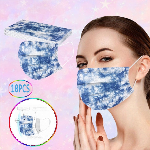 10pc Fashion Tie Dye Face Mask Disposable 3layer Protection Mouth Mask