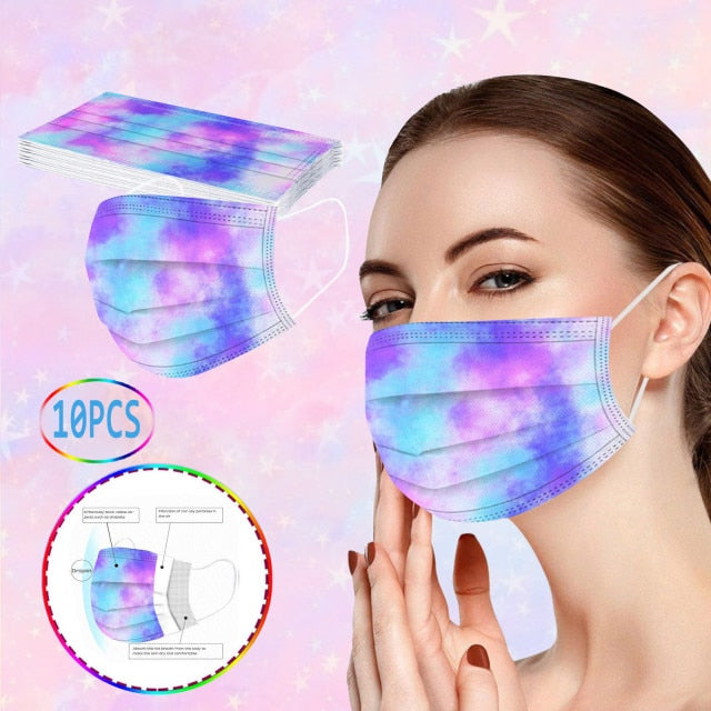 10pc Fashion Tie Dye Face Mask Disposable 3layer Protection Mouth Mask