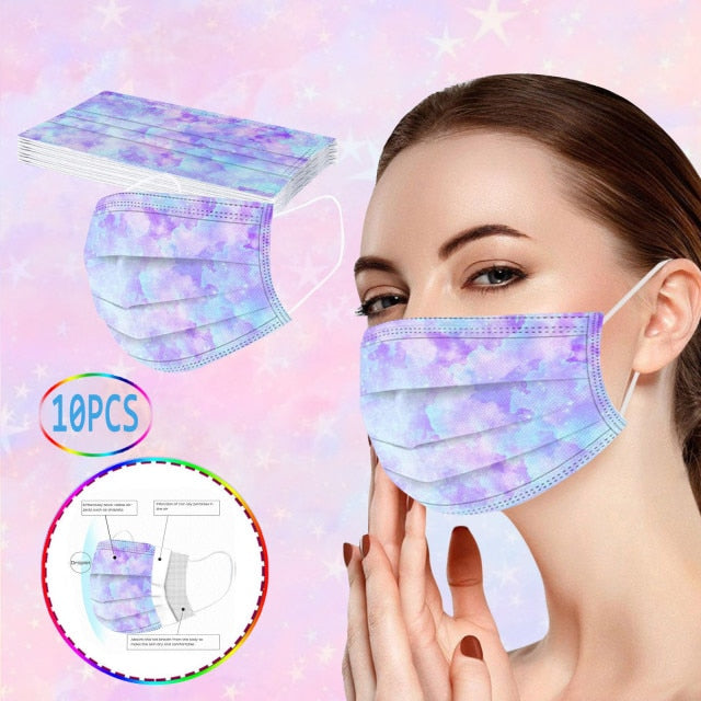 10pc Fashion Tie Dye Face Mask Disposable 3layer Protection Mouth Mask